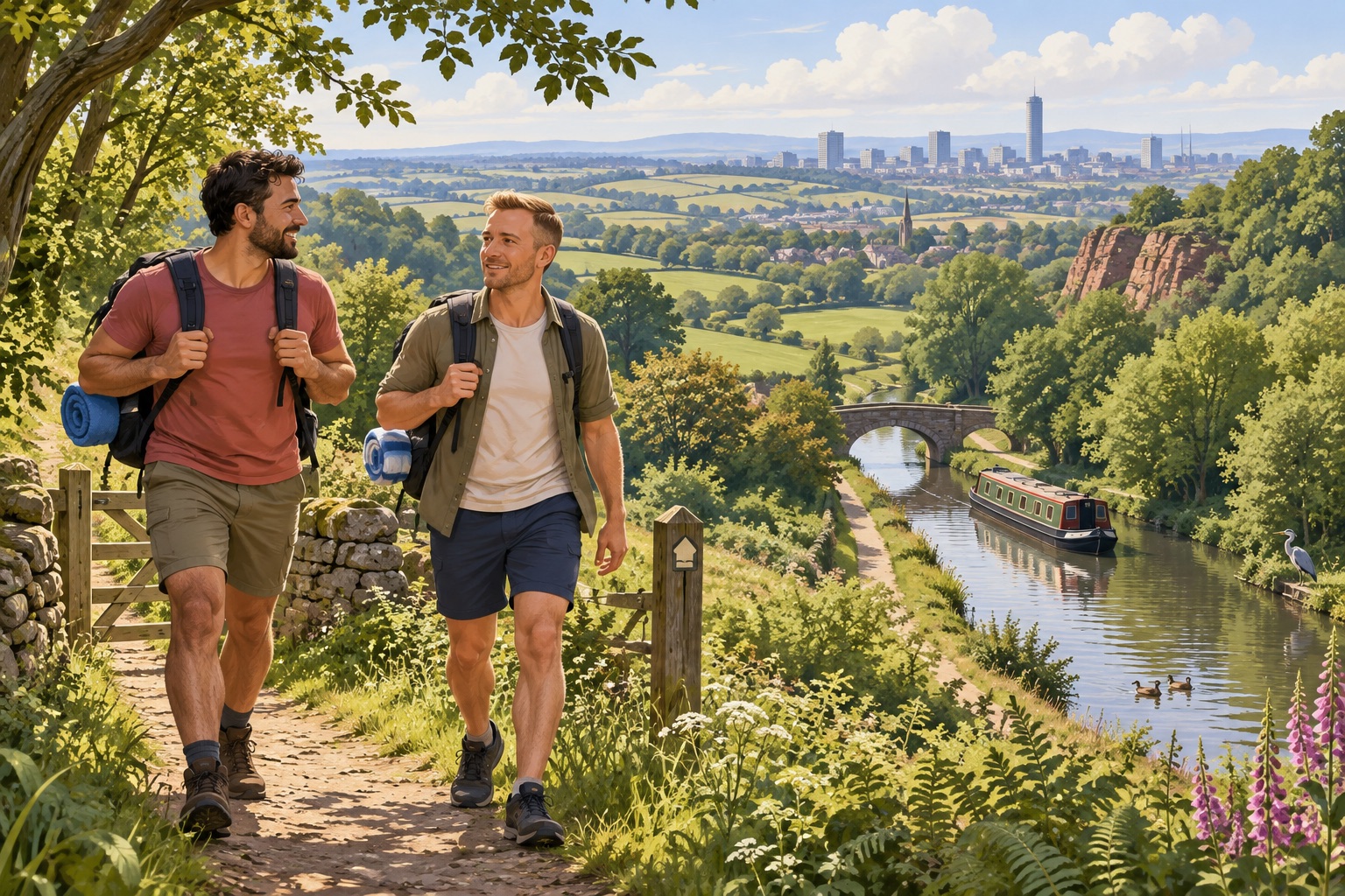 Two adult male friends walking through a green West Midlands landscape with a canal and city skyline