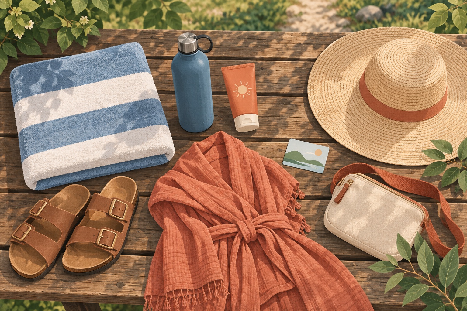 Towel, water bottle, sunscreen, sandals, robe and bag arranged for a naturist meetup